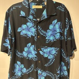 Seven Palm Mens Large Hawaiian Silk Shirt Hibiscus Blue yellow Floral Button Up